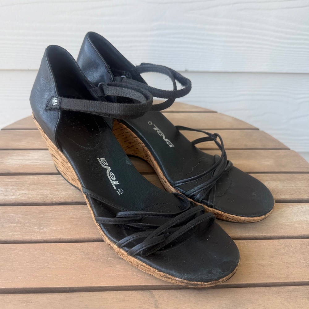 Teva Cabrillo Wedge Black Leather Strappy Sandals 1002021 Womens 10 Cork Heel